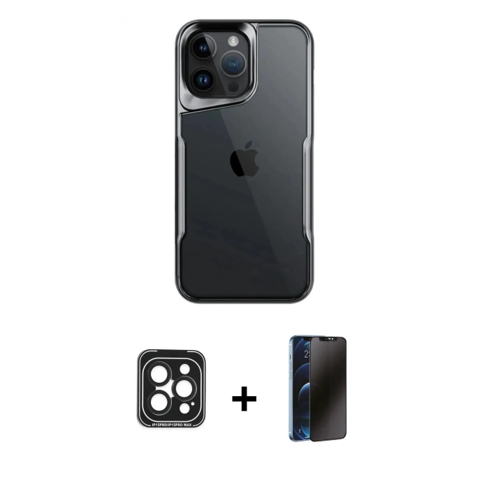 MARSİLYAN™- iPhone 15 Pro Max Kılıf Akış Çizgi Koleksiyonu - Siyah 3D Antistatik Hayalet Cam Ekran Koruyucu + Siyah PVD Metal Kamera Lens
