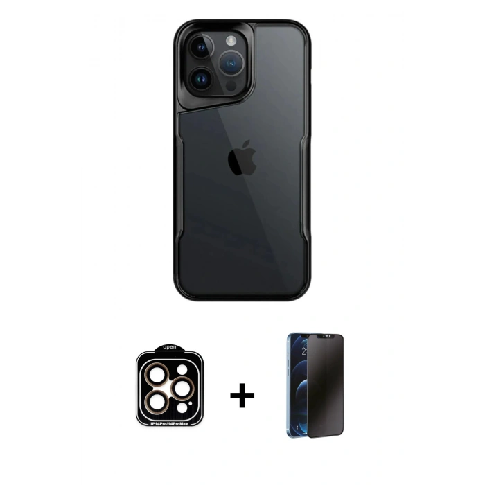 MARSİLYAN™- iPhone 15 Pro Max Kılıf Akış Çizgi Koleksiyonu - Siyah 3D Antistatik Hayalet Cam Ekran Koruyucu + Turuncu PVD Metal Kamera Lens