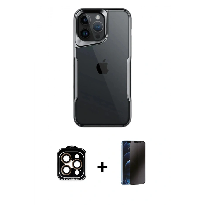 MARSİLYAN™- iPhone 15 Pro Max Kılıf Akış Çizgi Koleksiyonu - Siyah 3D Antistatik Hayalet Cam Ekran Koruyucu + Turuncu PVD Metal Kamera Lens