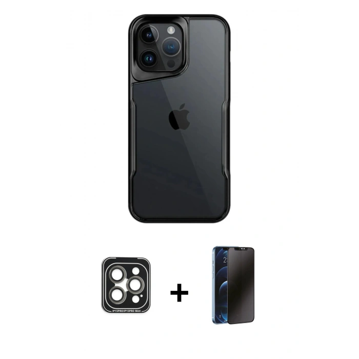 MARSİLYAN™- iPhone 15 Pro Max Kılıf Akış Çizgi Koleksiyonu - Siyah 3D Antistatik Hayalet Cam Ekran Koruyucu + PVD Metal Kamera Lens - GI