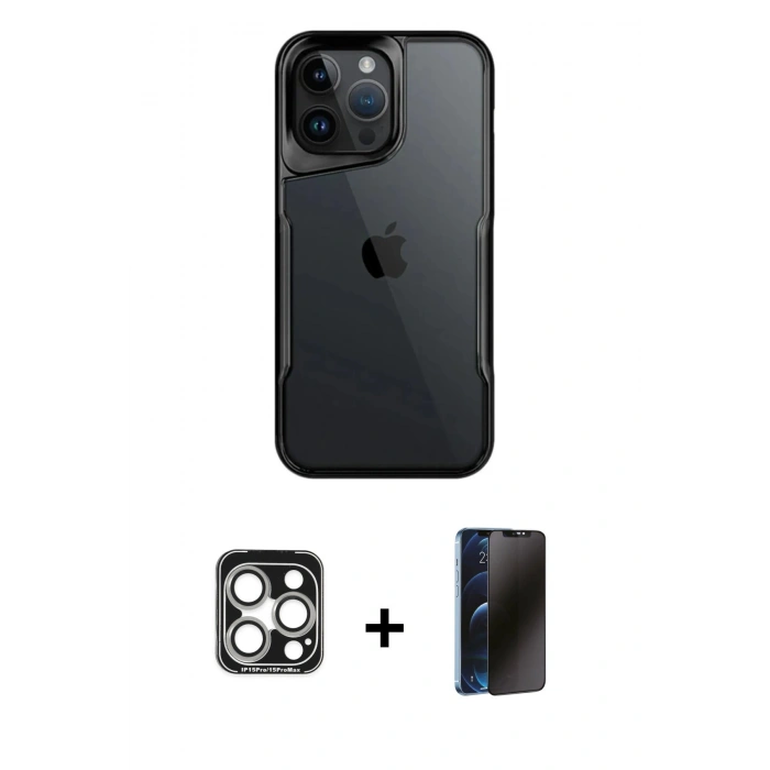 MARSİLYAN™- iPhone 15 Pro Max Kılıf Akış Çizgi Koleksiyonu - Siyah 3D Antistatik Hayalet Cam Ekran Koruyucu + PVD Metal Kamera Lens - GS