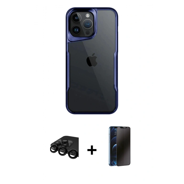 MARSİLYAN™- iPhone 15 Pro Max Kılıf Akış Çizgi Koleksiyonu - Siyah 3D Antistatik Hayalet Cam Ekran Koruyucu + Raze Metal Kamera Lens - SH