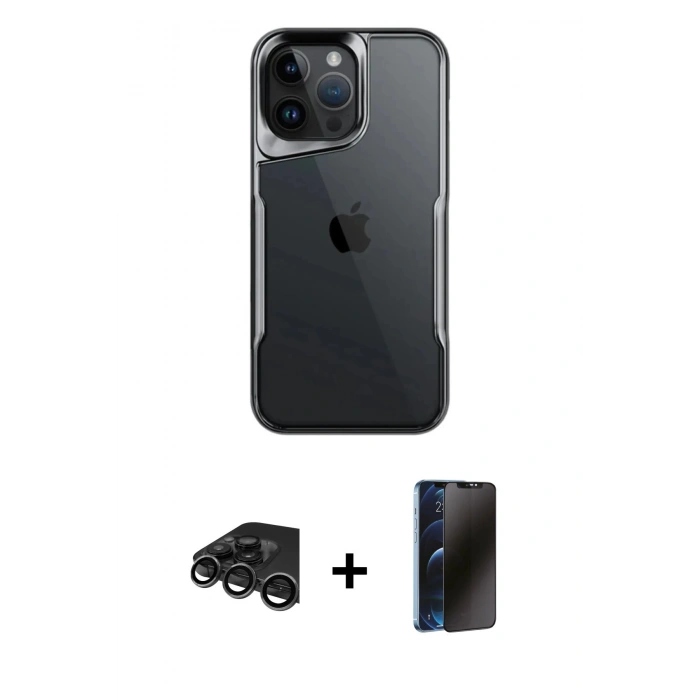 MARSİLYAN™- iPhone 15 Pro Max Kılıf Akış Çizgi Koleksiyonu - Siyah 3D Antistatik Hayalet Cam Ekran Koruyucu + Raze Metal Kamera Lens - TMGI