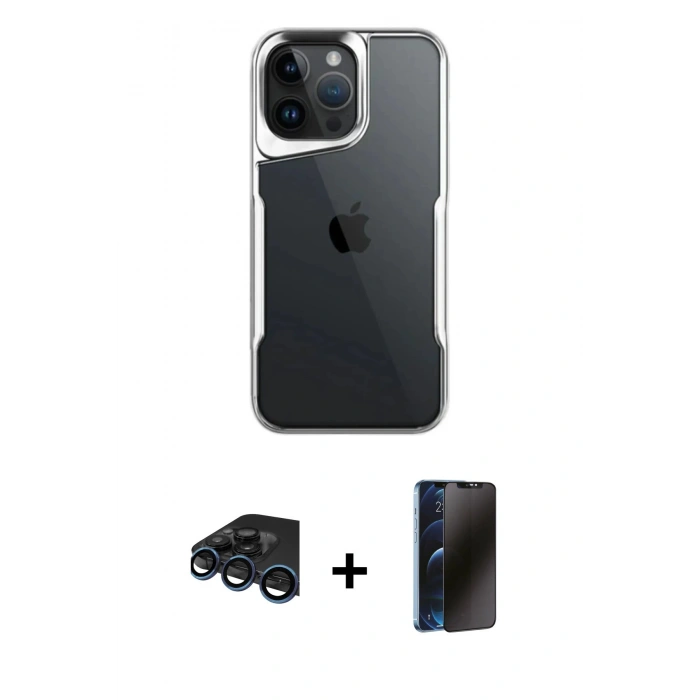 MARSİLYAN™- iPhone 15 Pro Max Kılıf Akış Çizgi Koleksiyonu - Siyah 3D Antistatik Hayalet Cam Ekran Koruyucu + Raze Metal Kamera Lens - LT