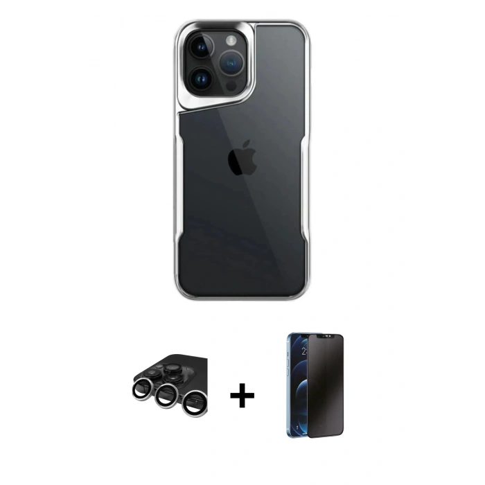 MARSİLYAN™- iPhone 15 Pro Max Kılıf Akış Çizgi Koleksiyonu - Siyah 3D Antistatik Hayalet Cam Ekran Koruyucu + Raze Metal Kamera Lens - GS