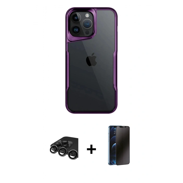 MARSİLYAN™- iPhone 15 Pro Max Kılıf Akış Çizgi Koleksiyonu - Siyah 3D Antistatik Hayalet Cam Ekran Koruyucu + Raze Metal Kamera Lens - TMGI
