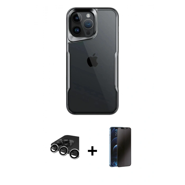MARSİLYAN™- iPhone 15 Pro Max Kılıf Akış Çizgi Koleksiyonu - Siyah 3D Antistatik Hayalet Cam Ekran Koruyucu + Raze Metal Kamera Lens - GS