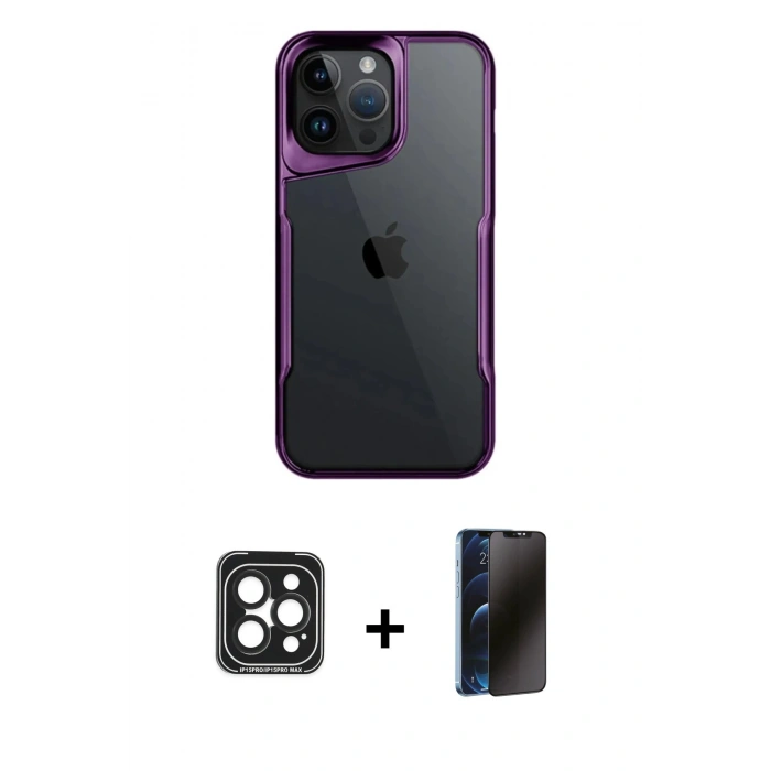 MARSİLYAN™- iPhone 15 Pro Max Kılıf Akış Çizgi Koleksiyonu - Siyah 3D Antistatik Hayalet Cam Ekran Koruyucu + Siyah PVD Metal Kamera Lens
