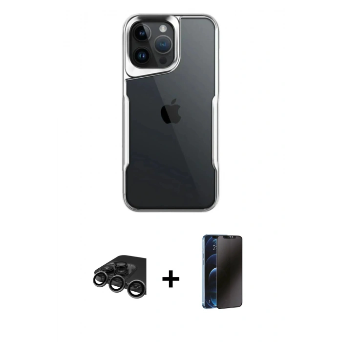 MARSİLYAN™- iPhone 15 Pro Max Kılıf Akış Çizgi Koleksiyonu - Siyah 3D Antistatik Hayalet Cam Ekran Koruyucu + Raze Metal Kamera Lens - TMGI
