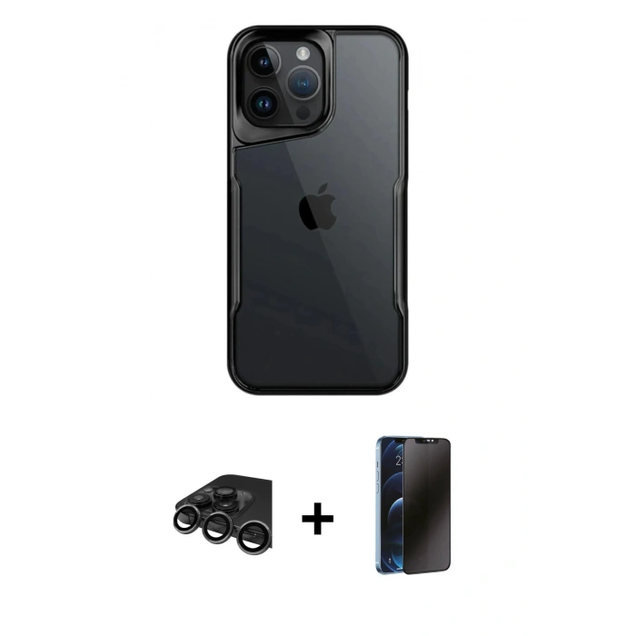 MARSİLYAN™- iPhone 15 Pro Max Kılıf Akış Çizgi Koleksiyonu - Siyah 3D Antistatik Hayalet Cam Ekran Koruyucu + Raze Metal Kamera Lens - TMGI