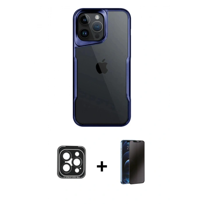 MARSİLYAN™- iPhone 15 Pro Max Kılıf Akış Çizgi Koleksiyonu - Siyah 3D Antistatik Hayalet Cam Ekran Koruyucu + Siyah PVD Metal Kamera Lens