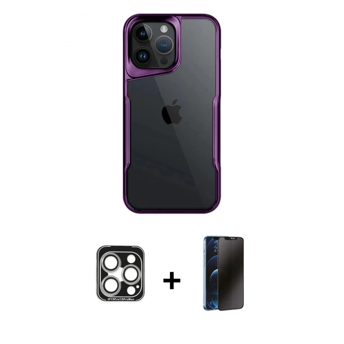 MARSİLYAN™- iPhone 15 Pro Max Kılıf Akış Çizgi Koleksiyonu - Siyah 3D Antistatik Hayalet Cam Ekran Koruyucu + PVD Metal Kamera Lens - GS