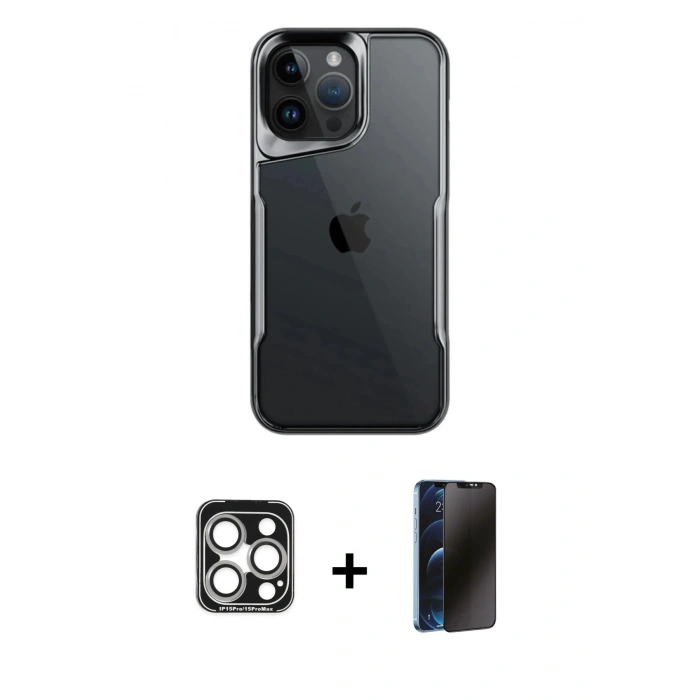 MARSİLYAN™- iPhone 15 Pro Max Kılıf Akış Çizgi Koleksiyonu - Siyah 3D Antistatik Hayalet Cam Ekran Koruyucu + PVD Metal Kamera Lens - GS