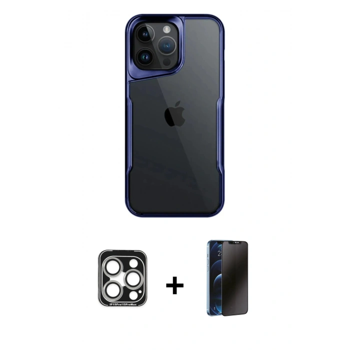 MARSİLYAN™- iPhone 15 Pro Max Kılıf Akış Çizgi Koleksiyonu - Siyah 3D Antistatik Hayalet Cam Ekran Koruyucu + PVD Metal Kamera Lens - GS