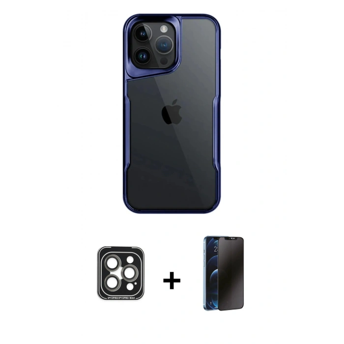 MARSİLYAN™- iPhone 15 Pro Max Kılıf Akış Çizgi Koleksiyonu - Siyah 3D Antistatik Hayalet Cam Ekran Koruyucu + PVD Metal Kamera Lens - GI