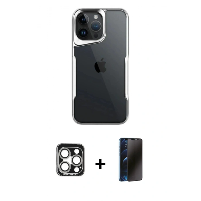 MARSİLYAN™- iPhone 15 Pro Max Kılıf Akış Çizgi Koleksiyonu - Siyah 3D Antistatik Hayalet Cam Ekran Koruyucu + PVD Metal Kamera Lens - GS
