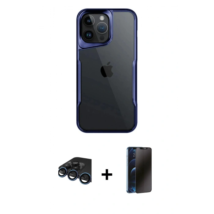 MARSİLYAN™- iPhone 15 Pro Max Kılıf Akış Çizgi Koleksiyonu - Siyah 3D Antistatik Hayalet Cam Ekran Koruyucu + Raze Metal Kamera Lens - LT