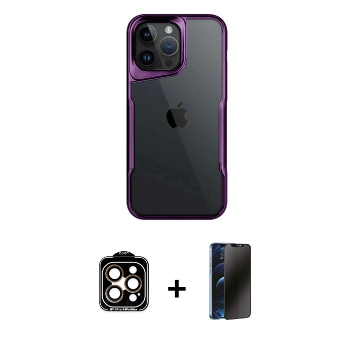 MARSİLYAN™- iPhone 15 Pro Max Kılıf Akış Çizgi Koleksiyonu - Siyah 3D Antistatik Hayalet Cam Ekran Koruyucu + Turuncu PVD Metal Kamera Lens