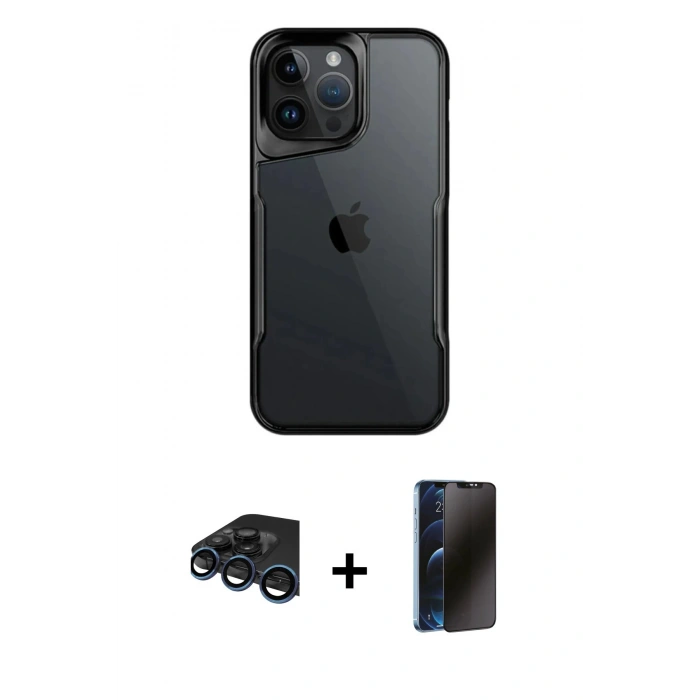 MARSİLYAN™- iPhone 15 Pro Max Kılıf Akış Çizgi Koleksiyonu - Siyah 3D Antistatik Hayalet Cam Ekran Koruyucu + Raze Metal Kamera Lens - LT