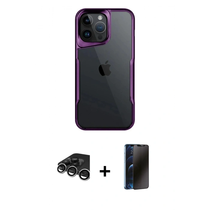 MARSİLYAN™- iPhone 15 Pro Max Kılıf Akış Çizgi Koleksiyonu - Siyah 3D Antistatik Hayalet Cam Ekran Koruyucu + Raze Metal Kamera Lens - GS