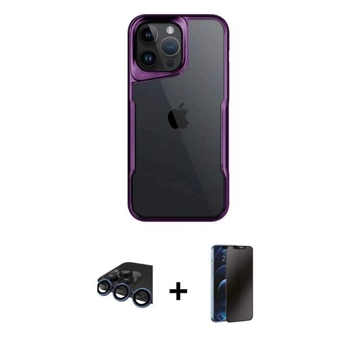 MARSİLYAN™- iPhone 15 Pro Max Kılıf Akış Çizgi Koleksiyonu - Siyah 3D Antistatik Hayalet Cam Ekran Koruyucu + Raze Metal Kamera Lens - LT