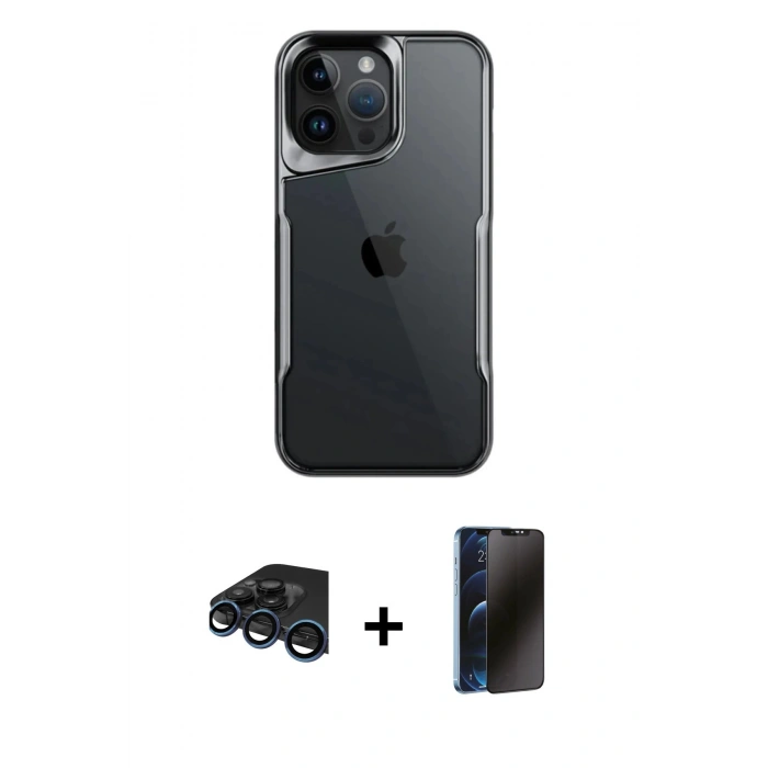 MARSİLYAN™- iPhone 15 Pro Max Kılıf Akış Çizgi Koleksiyonu - Siyah 3D Antistatik Hayalet Cam Ekran Koruyucu + Raze Metal Kamera Lens - LT