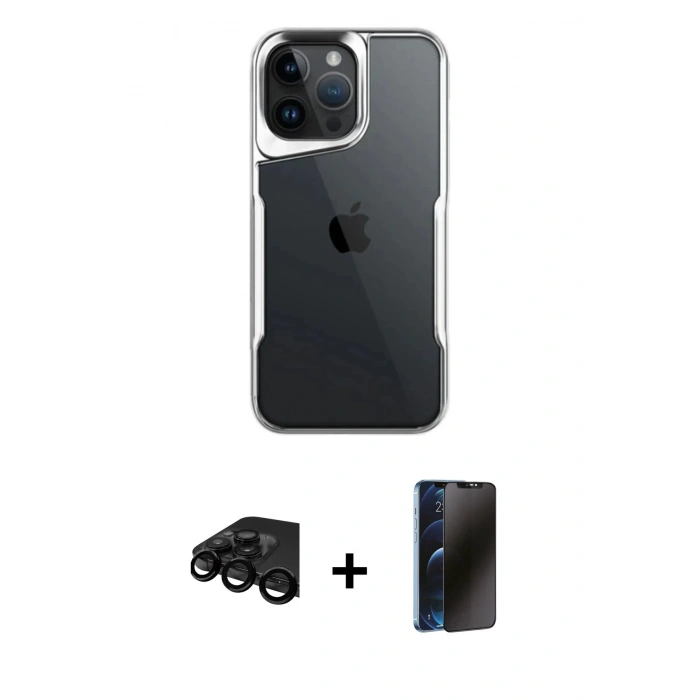 MARSİLYAN™- iPhone 15 Pro Max Kılıf Akış Çizgi Koleksiyonu - Siyah 3D Antistatik Hayalet Cam Ekran Koruyucu + Raze Metal Kamera Lens - SH