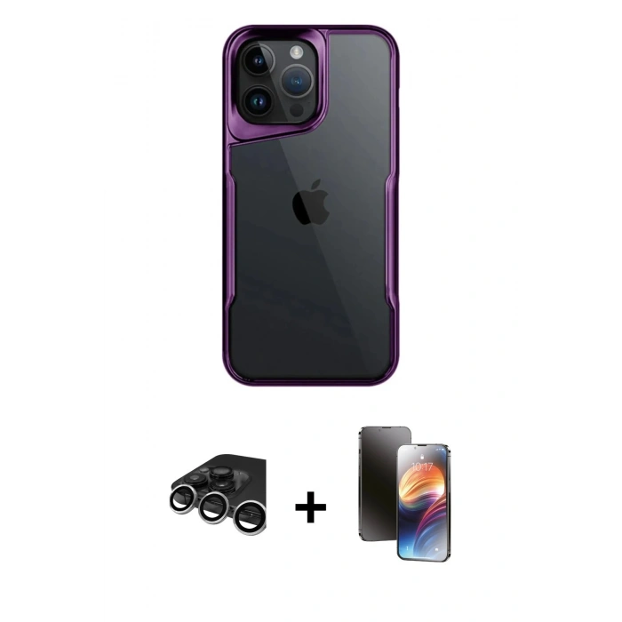 MARSİLYAN™- iPhone 15 Pro Max Kılıf Akış Çizgi Koleksiyonu - Siyah 3D Antistatik Mat Seramik Nano Ekran Koruyucu + Raze Metal Kamera Lens - GS