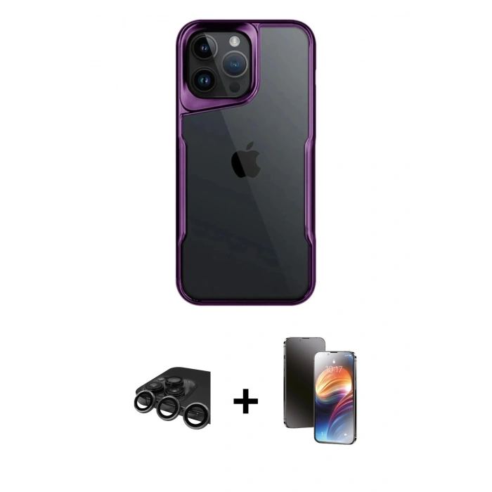 MARSİLYAN™- iPhone 15 Pro Max Kılıf Akış Çizgi Koleksiyonu - Siyah 3D Antistatik Mat Seramik Nano Ekran Koruyucu + Raze Metal Kamera Lens - TMGI