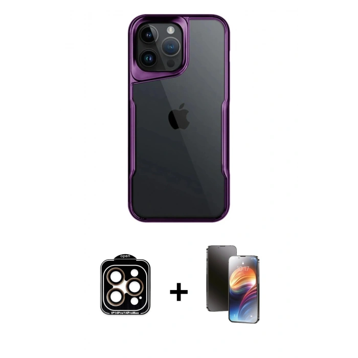 MARSİLYAN™- iPhone 15 Pro Max Kılıf Akış Çizgi Koleksiyonu - Siyah 3D Antistatik Mat Seramik Nano Ekran Koruyucu + PVD Metal Kamera Lens - TU