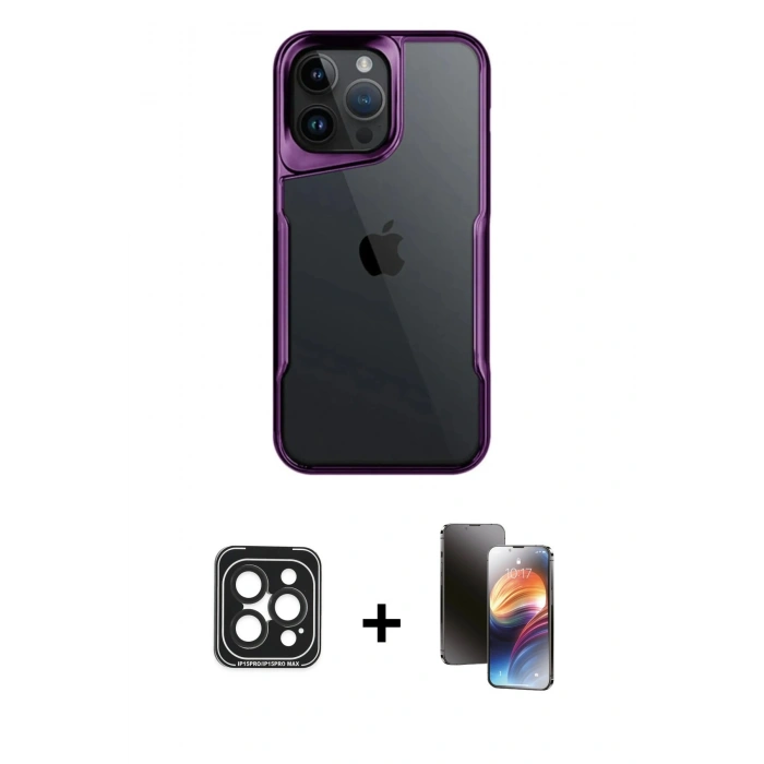MARSİLYAN™- iPhone 15 Pro Max Kılıf Akış Çizgi Koleksiyonu - Siyah 3D Antistatik Mat Seramik Nano Ekran Koruyucu + PVD Metal Kamera Lens - SH