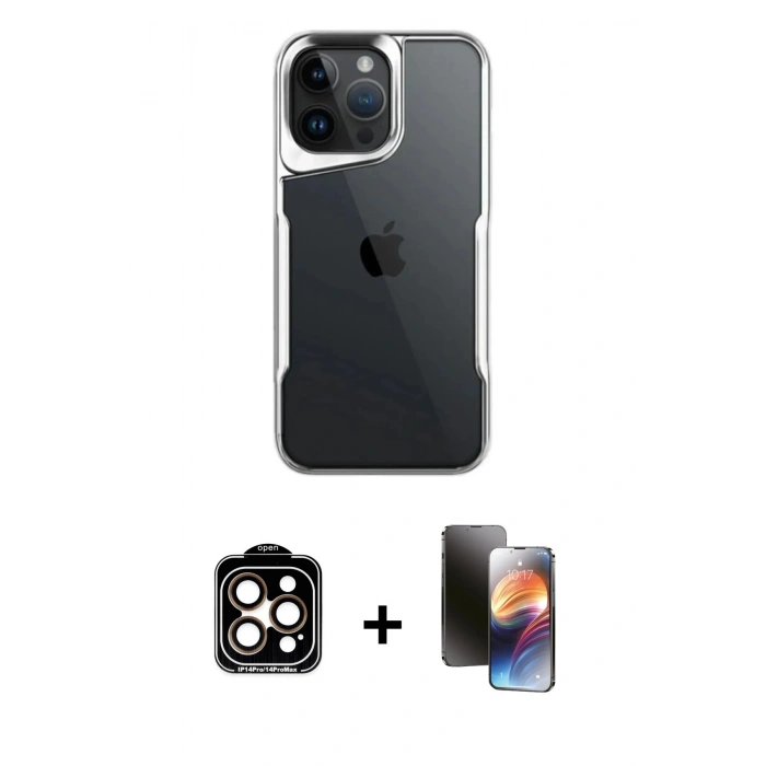 MARSİLYAN™- iPhone 15 Pro Max Kılıf Akış Çizgi Koleksiyonu - Siyah 3D Antistatik Mat Seramik Nano Ekran Koruyucu + PVD Metal Kamera Lens - TU