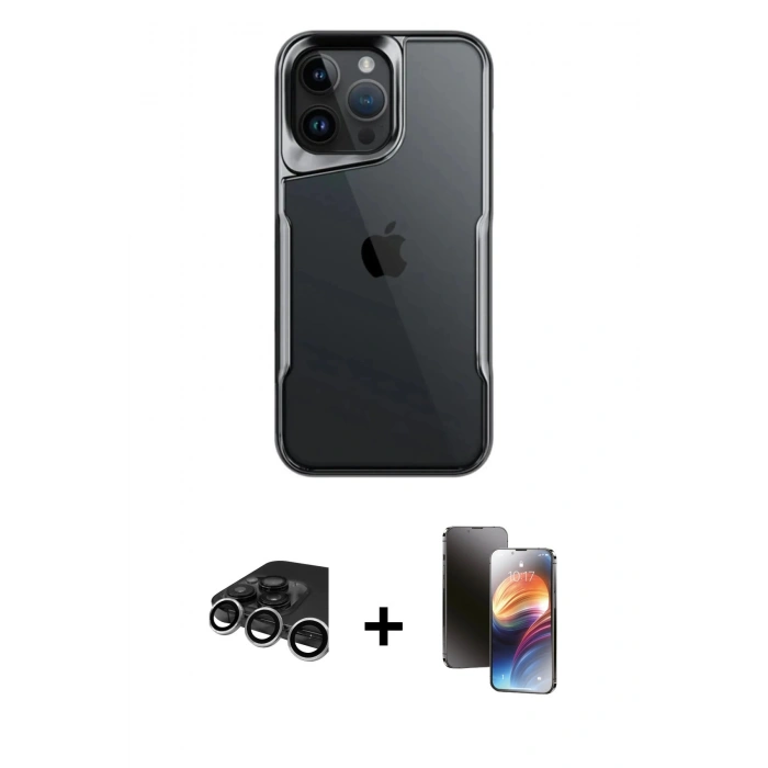 MARSİLYAN™- iPhone 15 Pro Max Kılıf Akış Çizgi Koleksiyonu - Siyah 3D Antistatik Mat Seramik Nano Ekran Koruyucu + Raze Metal Kamera Lens - GS