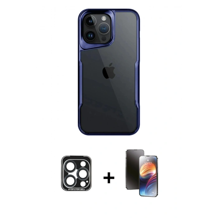 MARSİLYAN™- iPhone 15 Pro Max Kılıf Akış Çizgi Koleksiyonu - Siyah 3D Antistatik Mat Seramik Nano Ekran Koruyucu + PVD Metal Kamera Lens - LT