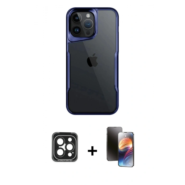MARSİLYAN™- iPhone 15 Pro Max Kılıf Akış Çizgi Koleksiyonu - Siyah 3D Antistatik Mat Seramik Nano Ekran Koruyucu + PVD Metal Kamera Lens - SH