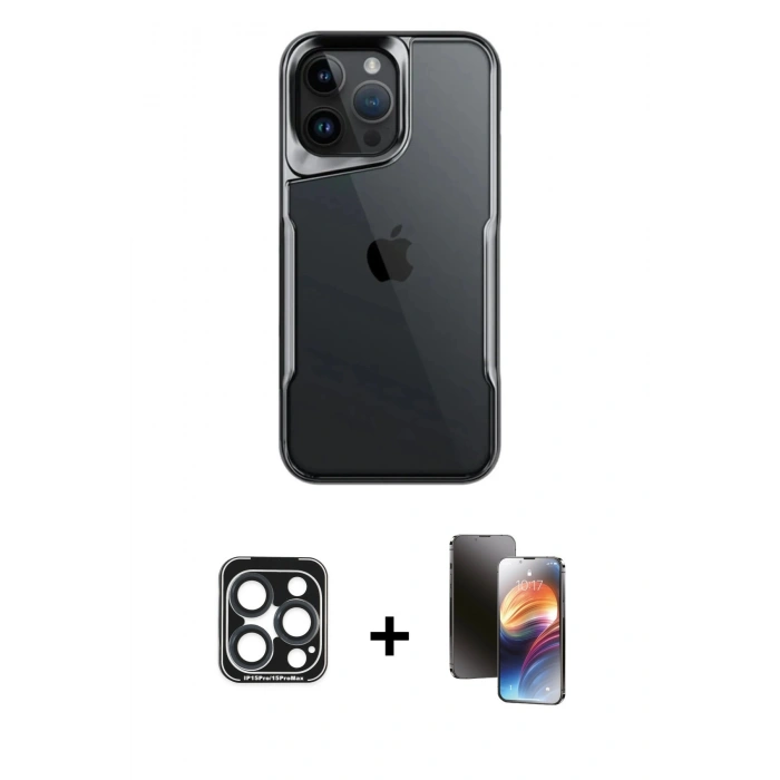 MARSİLYAN™- iPhone 15 Pro Max Kılıf Akış Çizgi Koleksiyonu - Siyah 3D Antistatik Mat Seramik Nano Ekran Koruyucu + PVD Metal Kamera Lens - LT
