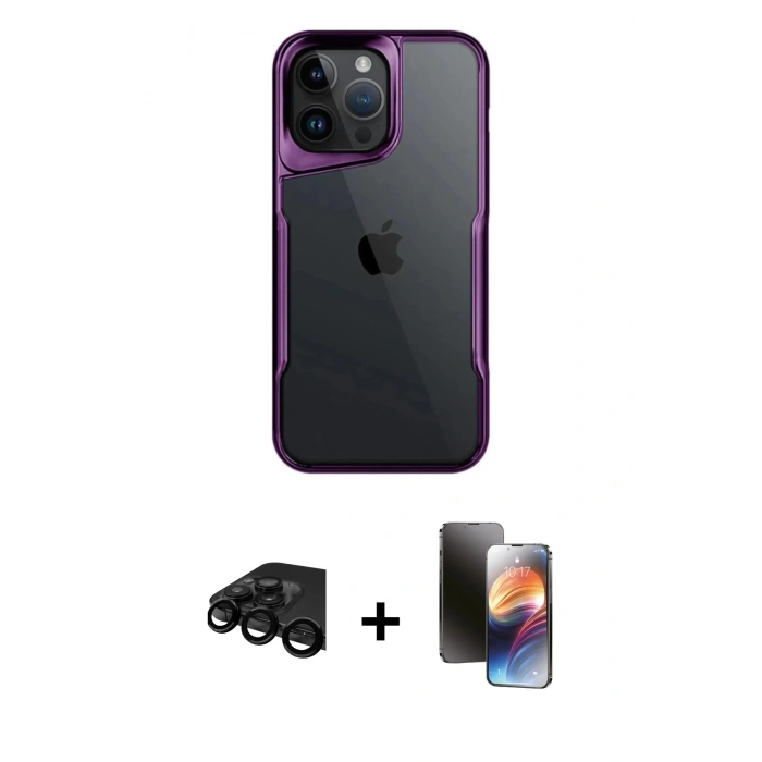 MARSİLYAN™- iPhone 15 Pro Max Kılıf Akış Çizgi Koleksiyonu - Siyah 3D Antistatik Mat Seramik Nano Ekran Koruyucu + Raze Metal Kamera Lens - SH