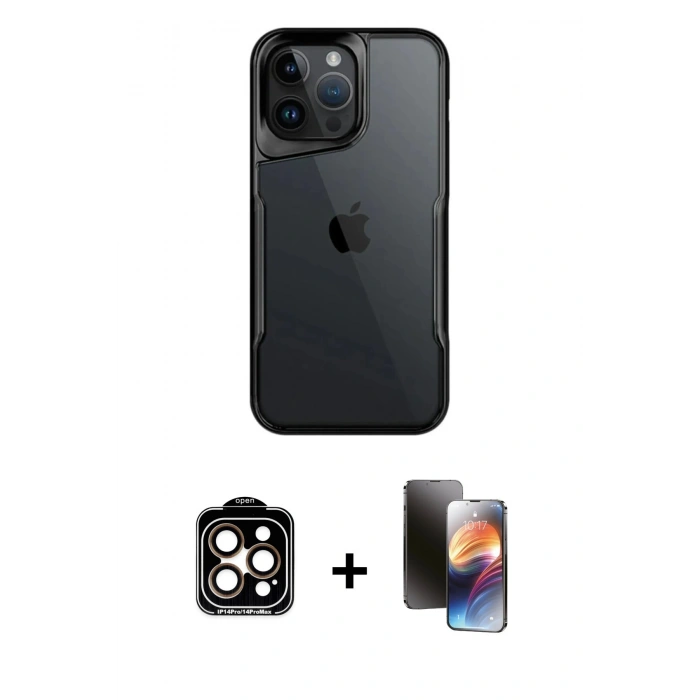 MARSİLYAN™- iPhone 15 Pro Max Kılıf Akış Çizgi Koleksiyonu - Siyah 3D Antistatik Mat Seramik Nano Ekran Koruyucu + PVD Metal Kamera Lens - TU