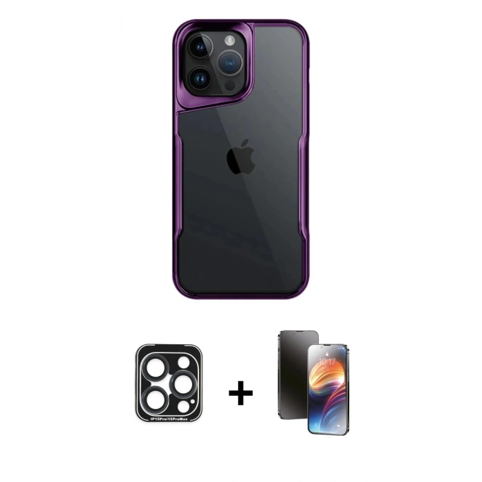 MARSİLYAN™- iPhone 15 Pro Max Kılıf Akış Çizgi Koleksiyonu - Siyah 3D Antistatik Mat Seramik Nano Ekran Koruyucu + PVD Metal Kamera Lens - LT