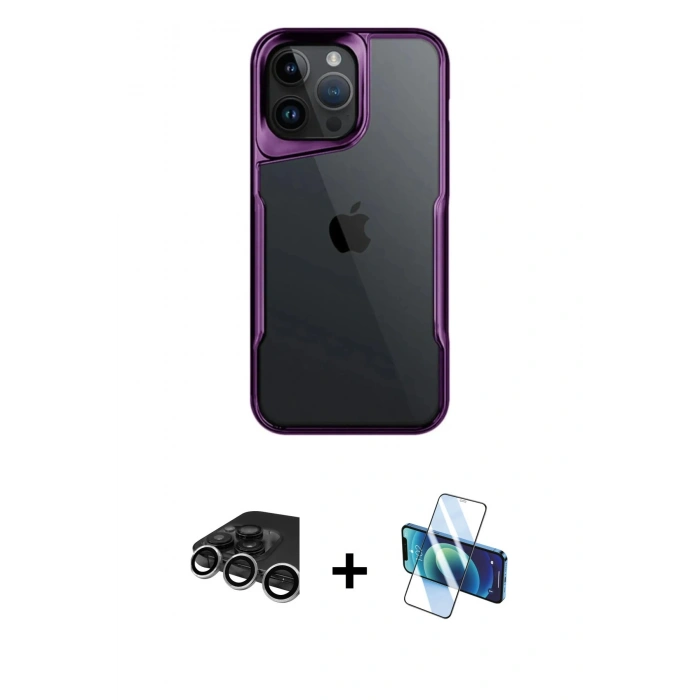 MARSİLYAN™- iPhone 15 Pro Max Kılıf Akış Çizgi Koleksiyonu - Siyah 3D Antistatik Seramik Nano Ekran Koruyucu + Gümüş Raze Metal Kamera Lens