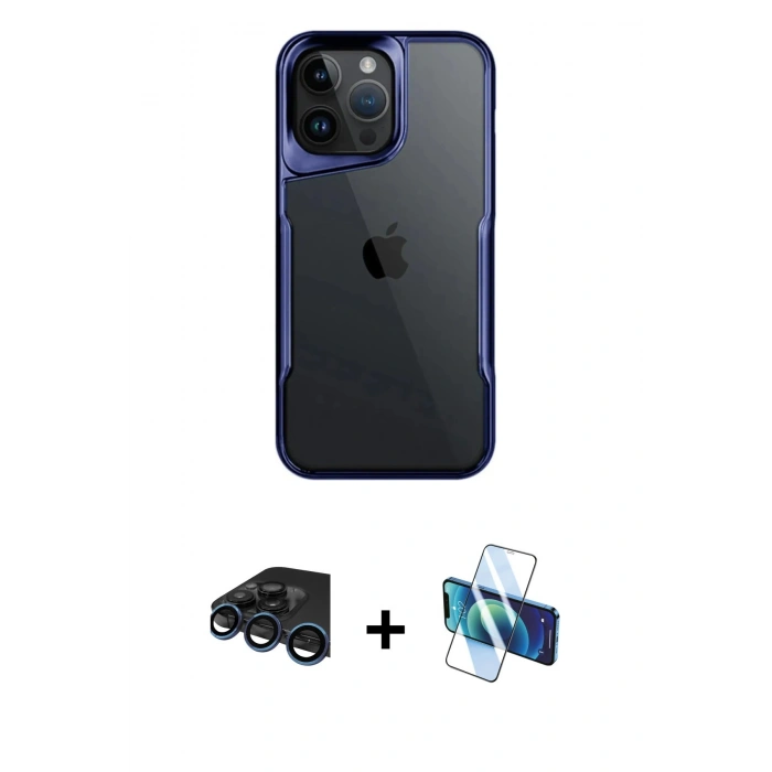 MARSİLYAN™- iPhone 15 Pro Max Kılıf Akış Çizgi Koleksiyonu - Siyah 3D Antistatik Seramik Nano Ekran Koruyucu + Raze Metal Kamera Lens - LT