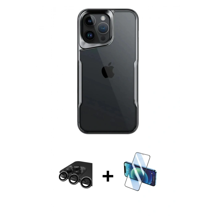 MARSİLYAN™- iPhone 15 Pro Max Kılıf Akış Çizgi Koleksiyonu - Siyah 3D Antistatik Seramik Nano Ekran Koruyucu + Raze Metal Kamera Lens - TMGI