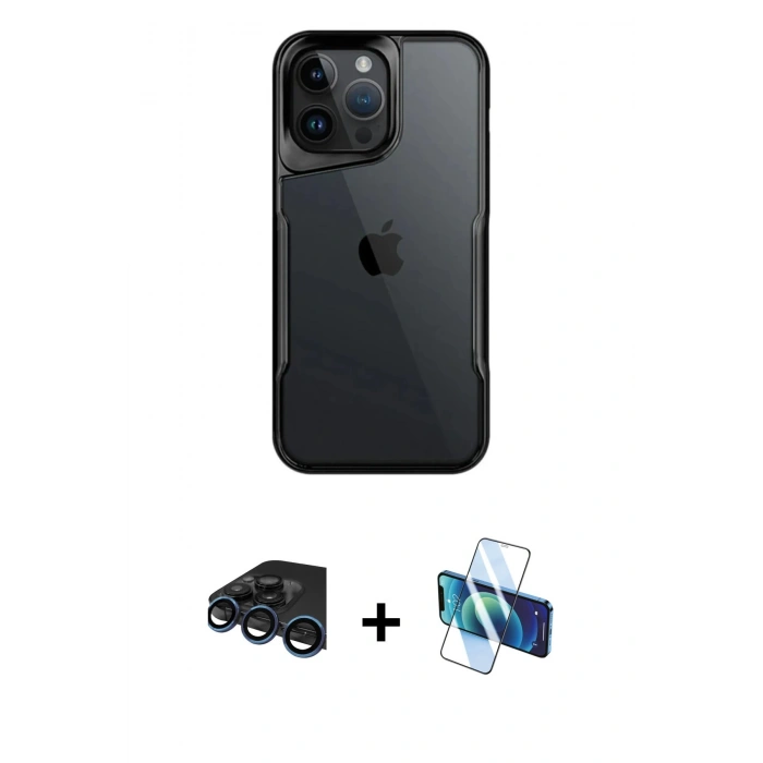 MARSİLYAN™- iPhone 15 Pro Max Kılıf Akış Çizgi Koleksiyonu - Siyah 3D Antistatik Seramik Nano Ekran Koruyucu + Raze Metal Kamera Lens - LT