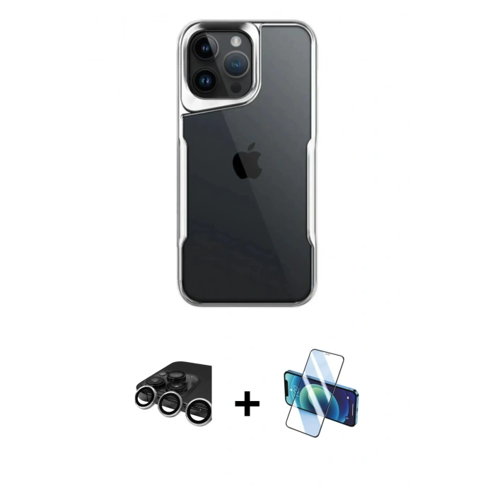 MARSİLYAN™- iPhone 15 Pro Max Kılıf Akış Çizgi Koleksiyonu - Siyah 3D Antistatik Seramik Nano Ekran Koruyucu + Gümüş Raze Metal Kamera Lens