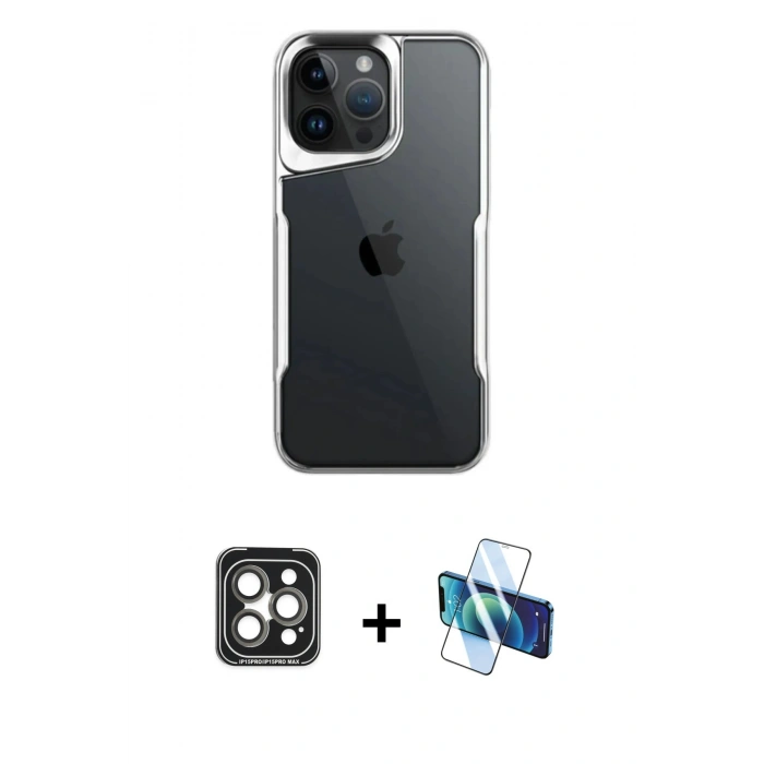 MARSİLYAN™- iPhone 15 Pro Max Kılıf Akış Çizgi Koleksiyonu - Siyah 3D Antistatik Seramik Nano Ekran Koruyucu + PVD Metal Kamera Lens - GI