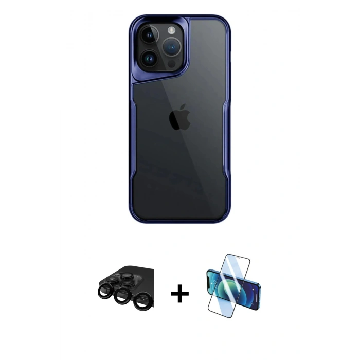MARSİLYAN™- iPhone 15 Pro Max Kılıf Akış Çizgi Koleksiyonu - Siyah 3D Antistatik Seramik Nano Ekran Koruyucu + Raze Metal Kamera Lens - SH