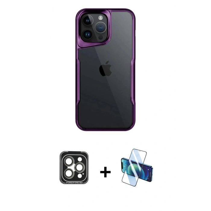 MARSİLYAN™- iPhone 15 Pro Max Kılıf Akış Çizgi Koleksiyonu - Siyah 3D Antistatik Seramik Nano Ekran Koruyucu + PVD Metal Kamera Lens - GI