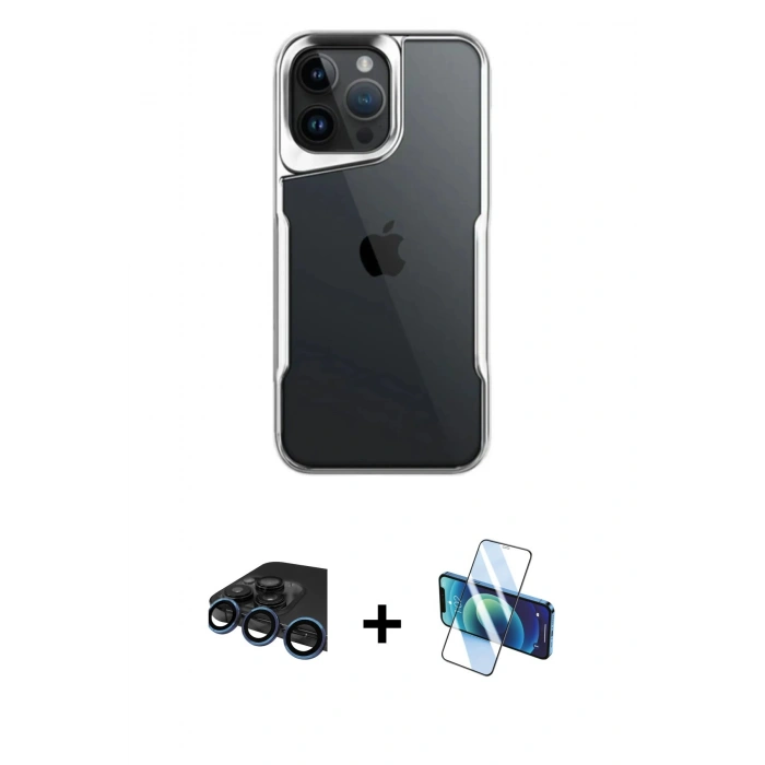 MARSİLYAN™- iPhone 15 Pro Max Kılıf Akış Çizgi Koleksiyonu - Siyah 3D Antistatik Seramik Nano Ekran Koruyucu + Raze Metal Kamera Lens - LT