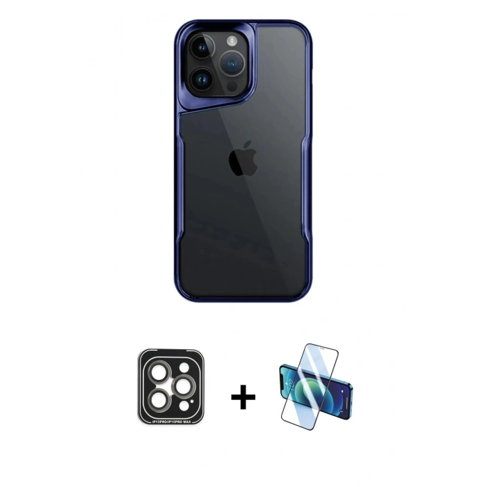 MARSİLYAN™- iPhone 15 Pro Max Kılıf Akış Çizgi Koleksiyonu - Siyah 3D Antistatik Seramik Nano Ekran Koruyucu + PVD Metal Kamera Lens - GI