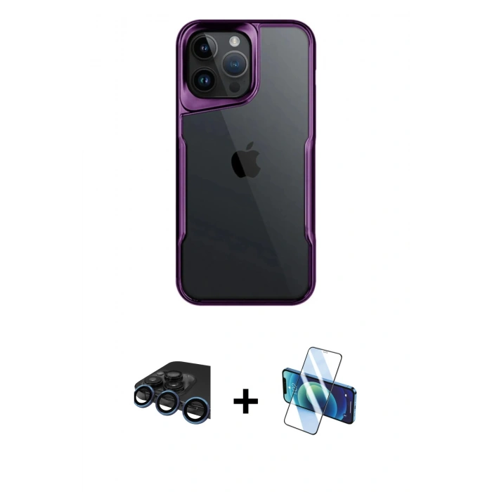 MARSİLYAN™- iPhone 15 Pro Max Kılıf Akış Çizgi Koleksiyonu - Siyah 3D Antistatik Seramik Nano Ekran Koruyucu + Raze Metal Kamera Lens - LT